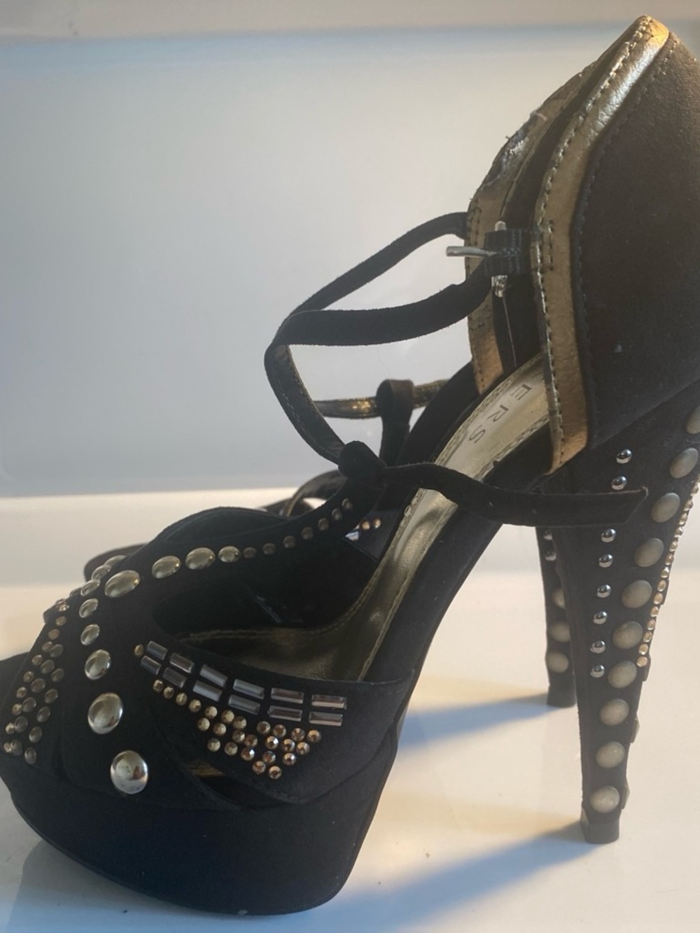 Bakers Black Studded Platform Heels with Gold Trim